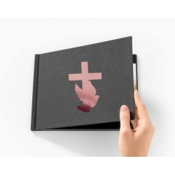 Napis Emblemat na ksiegę gości album do zdjęć gołąb i krzyż różowe złoto, dekoracja na Komunię Świętą Chrzest Święty